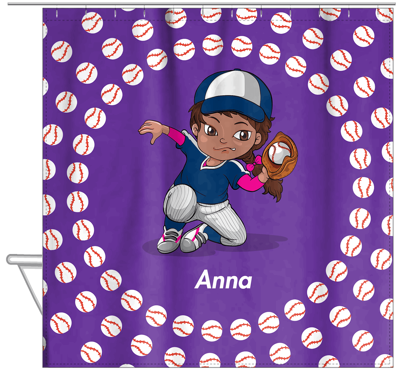 Personalized Baseball Shower Curtain XXXV - Purple Background - Black Girl II - Hanging View
