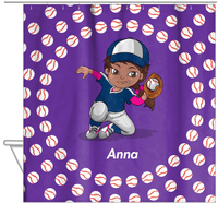 Thumbnail for Personalized Baseball Shower Curtain XXXV - Purple Background - Black Girl II - Hanging View