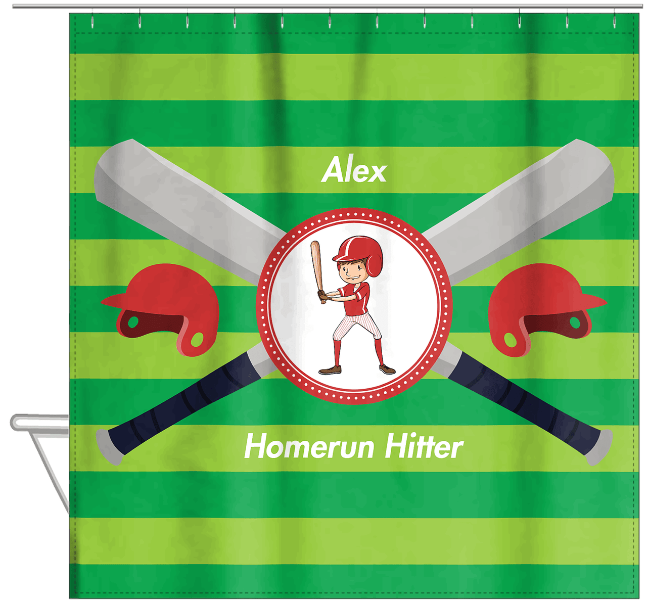 Personalized Baseball Shower Curtain XXXVI - Green Background - Brown Hair Boy - Hanging View
