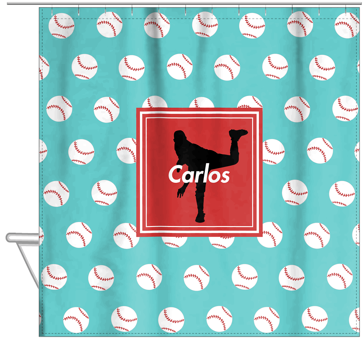 Personalized Baseball Shower Curtain XXXVIII - Teal Background - Silhouette I - Hanging View