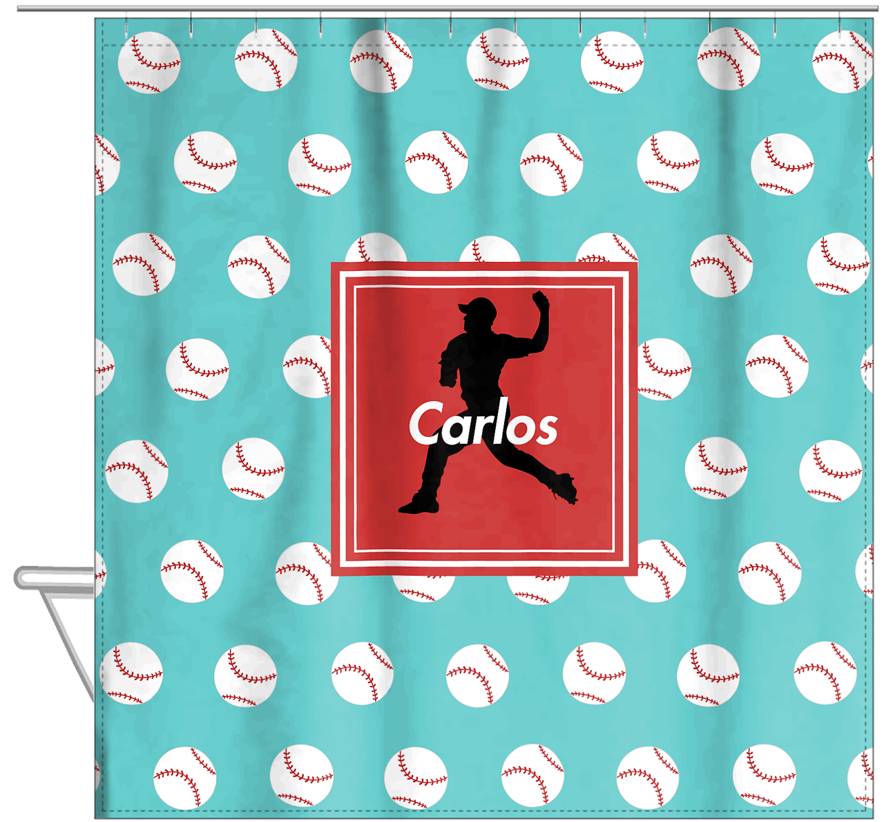 Personalized Baseball Shower Curtain XXXVIII - Teal Background - Silhouette II - Hanging View