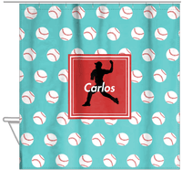 Thumbnail for Personalized Baseball Shower Curtain XXXVIII - Teal Background - Silhouette II - Hanging View
