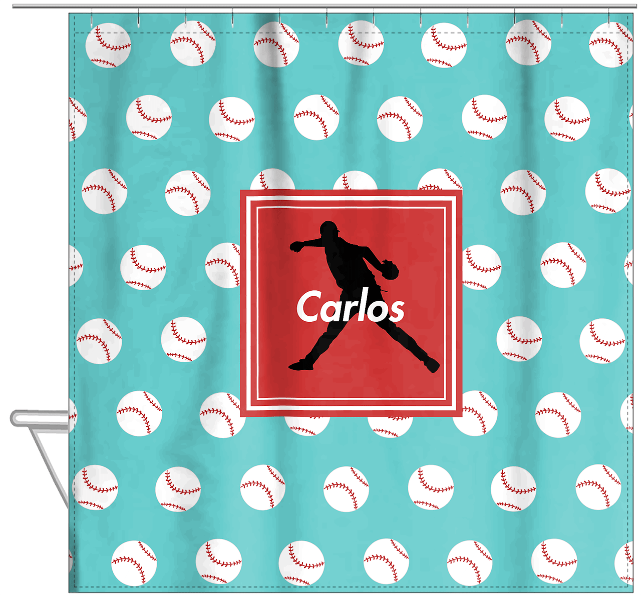 Personalized Baseball Shower Curtain XXXVIII - Teal Background - Silhouette III - Hanging View