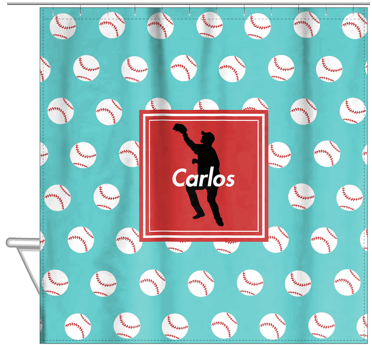 Personalized Baseball Shower Curtain XXXVIII - Teal Background - Silhouette IV - Hanging View