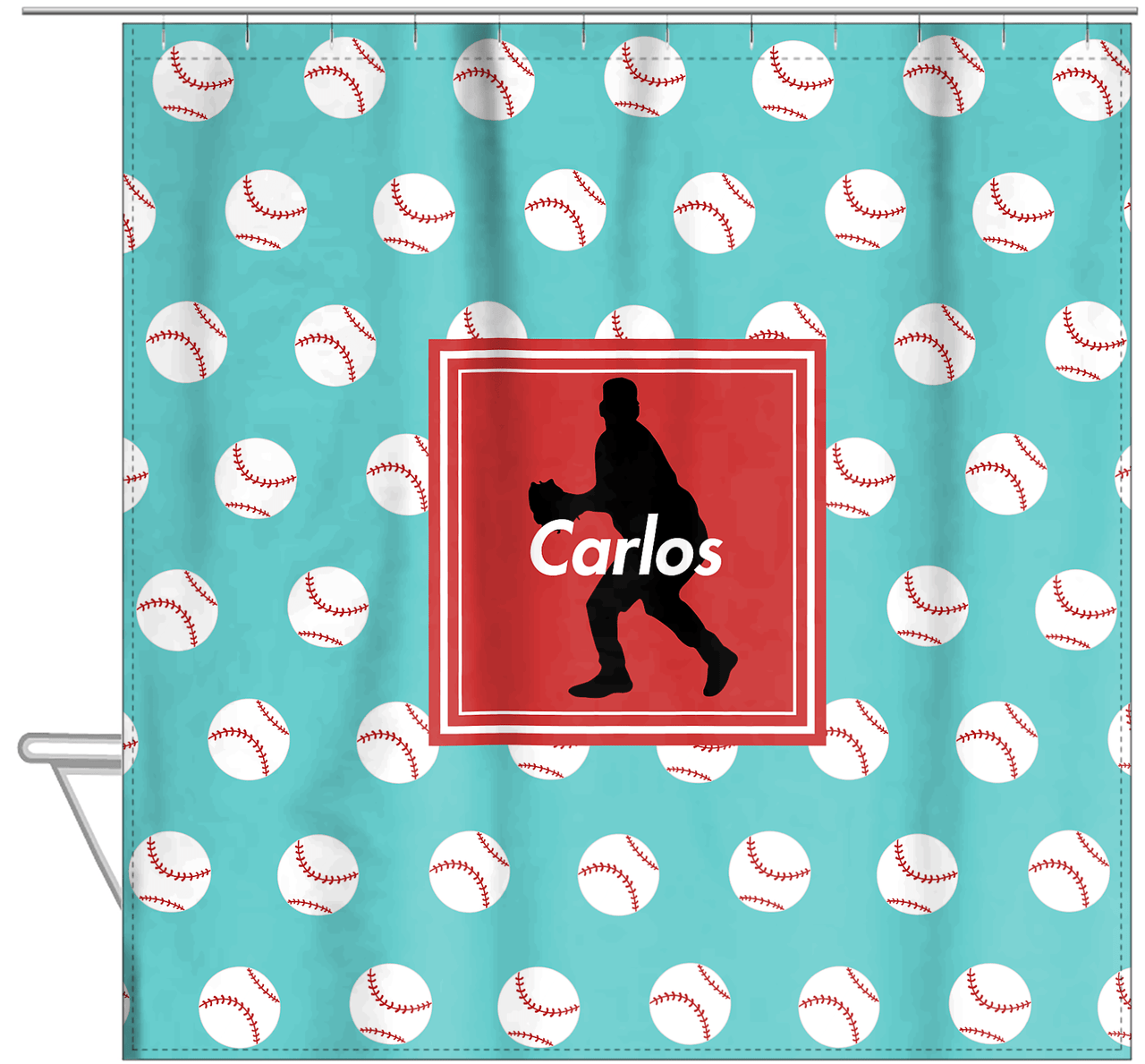 Personalized Baseball Shower Curtain XXXVIII - Teal Background - Silhouette V - Hanging View