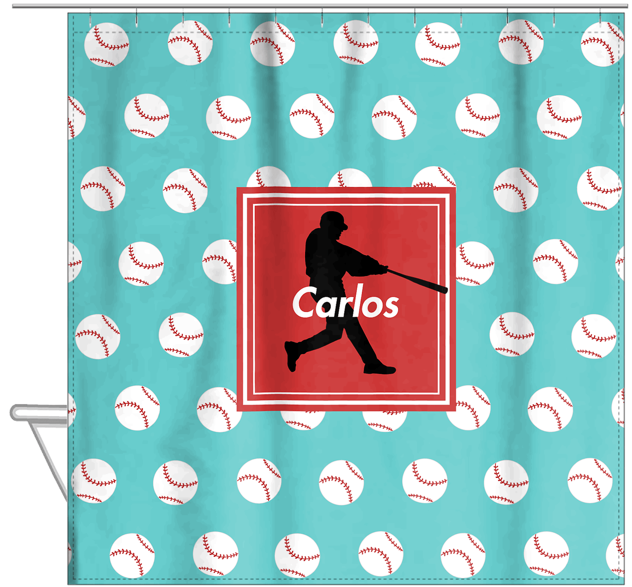 Personalized Baseball Shower Curtain XXXVIII - Teal Background - Silhouette VI - Hanging View