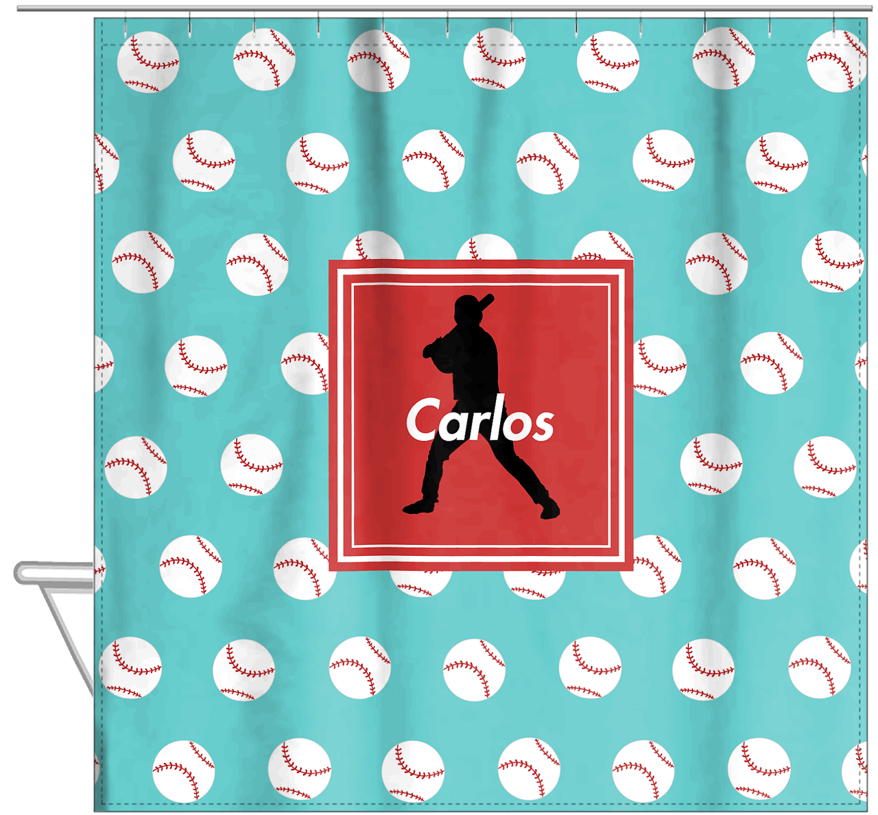 Personalized Baseball Shower Curtain XXXVIII - Teal Background - Silhouette VII - Hanging View