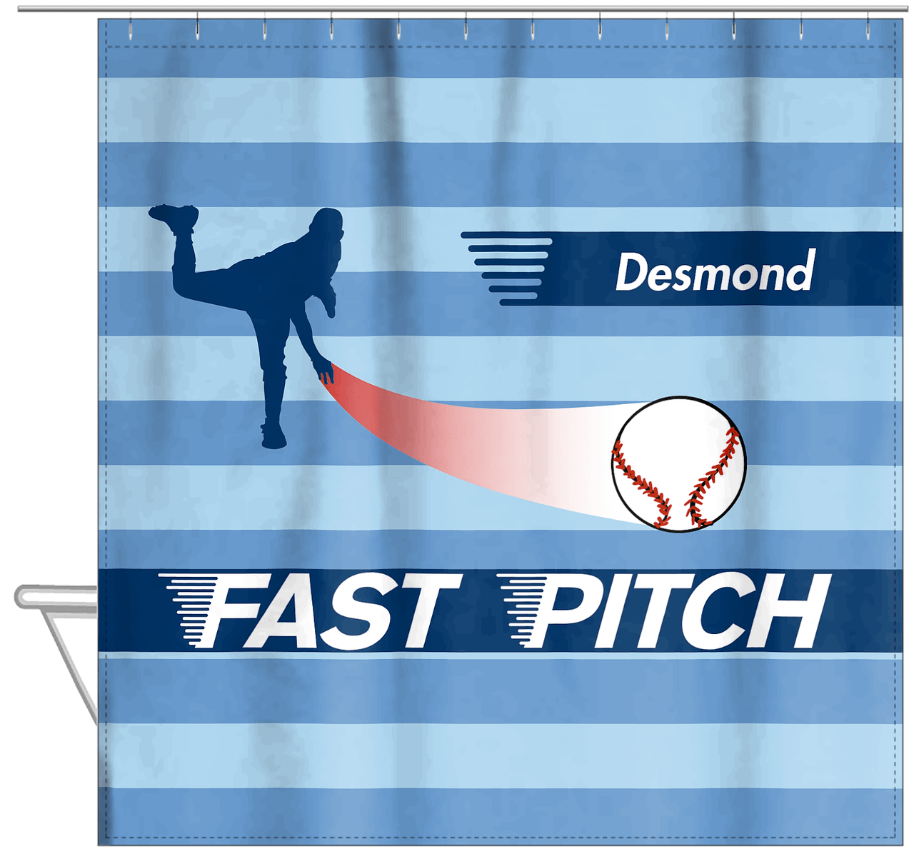 Personalized Baseball Shower Curtain XL - Blue Background - Hanging View