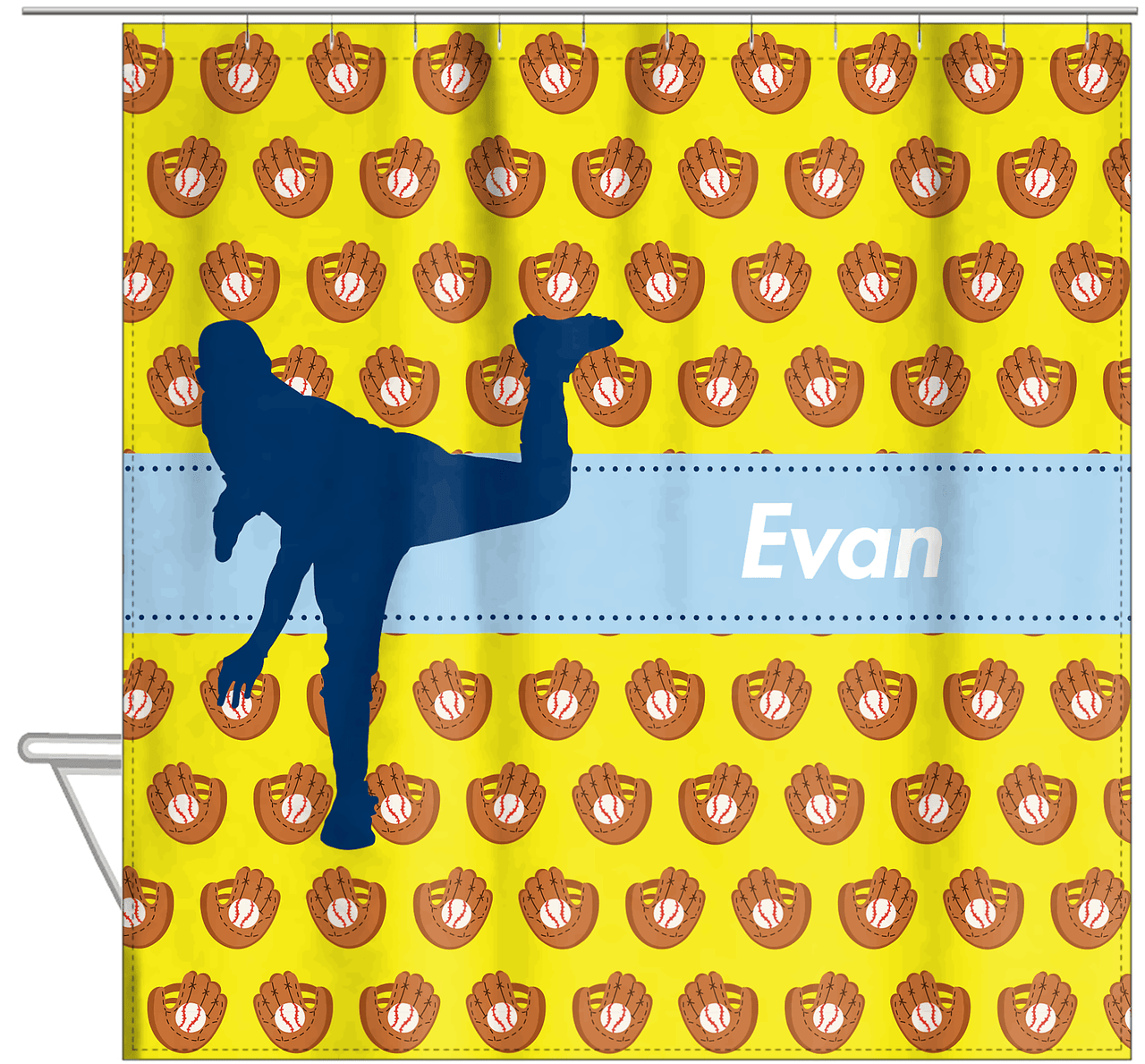 Personalized Baseball Shower Curtain XLI - Yellow Background - Silhouette I - Hanging View