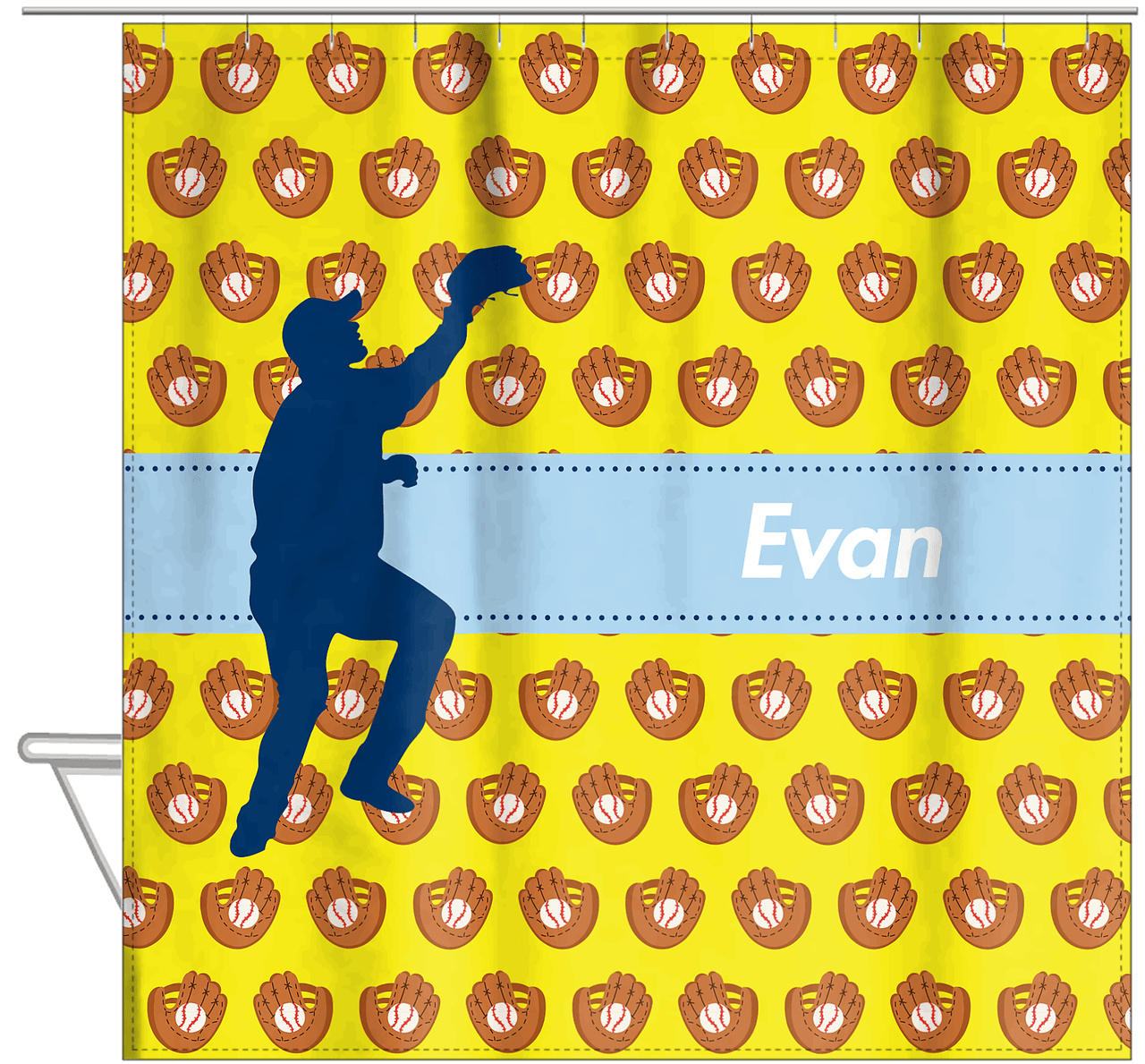 Personalized Baseball Shower Curtain XLI - Yellow Background - Silhouette IV - Hanging View
