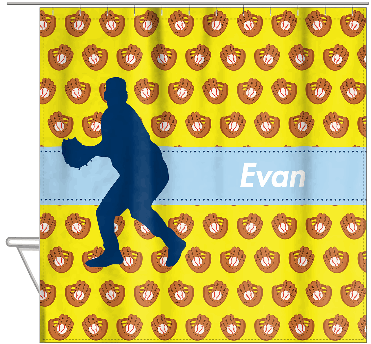 Personalized Baseball Shower Curtain XLI - Yellow Background - Silhouette V - Hanging View