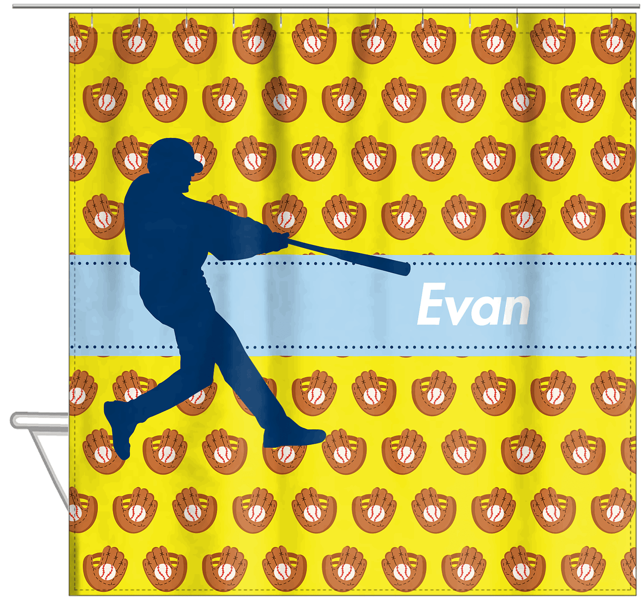 Personalized Baseball Shower Curtain XLI - Yellow Background - Silhouette VI - Hanging View
