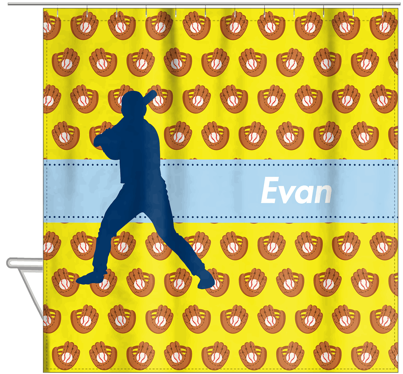 Personalized Baseball Shower Curtain XLI - Yellow Background - Silhouette VII - Hanging View