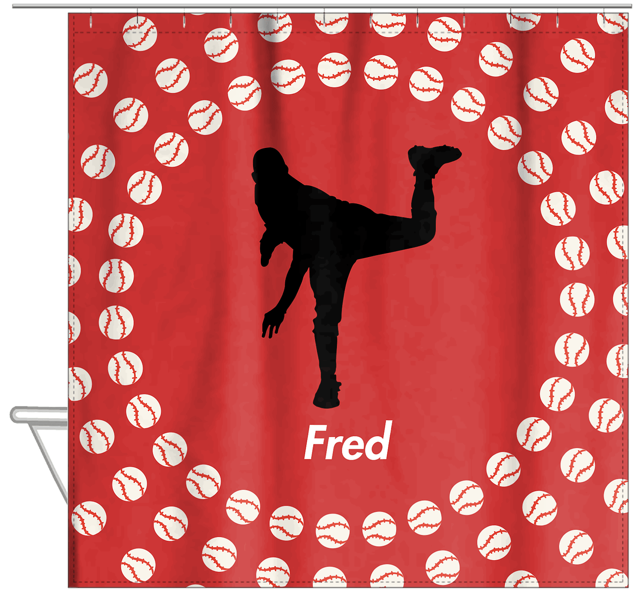 Personalized Baseball Shower Curtain XLII - Red Background - Silhouette I - Hanging View