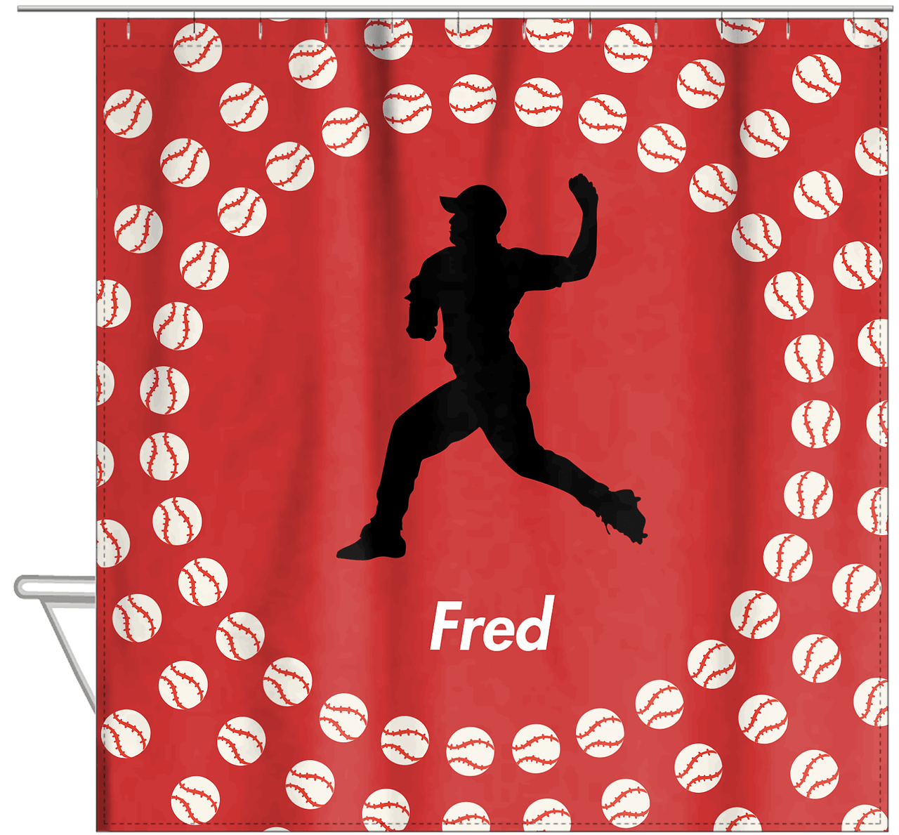 Personalized Baseball Shower Curtain XLII - Red Background - Silhouette II - Hanging View