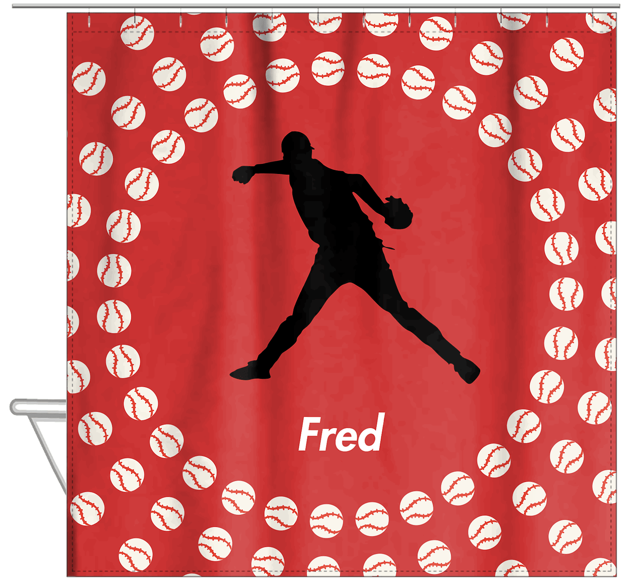 Personalized Baseball Shower Curtain XLII - Red Background - Silhouette III - Hanging View