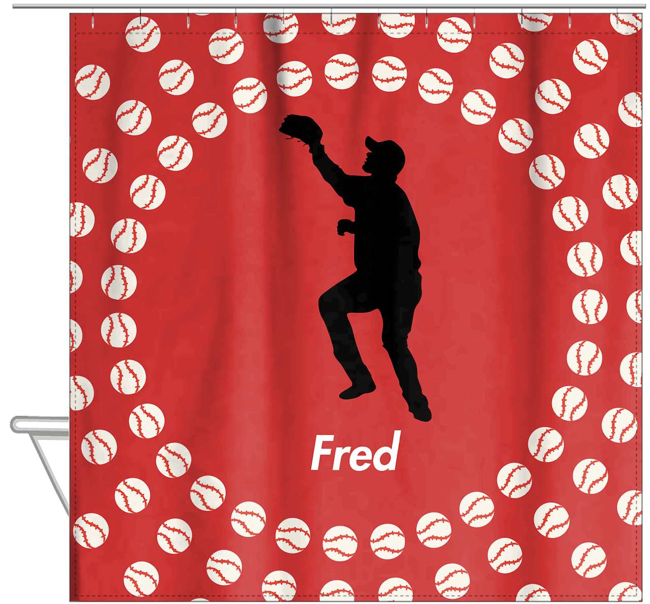 Personalized Baseball Shower Curtain XLII - Red Background - Silhouette IV - Hanging View