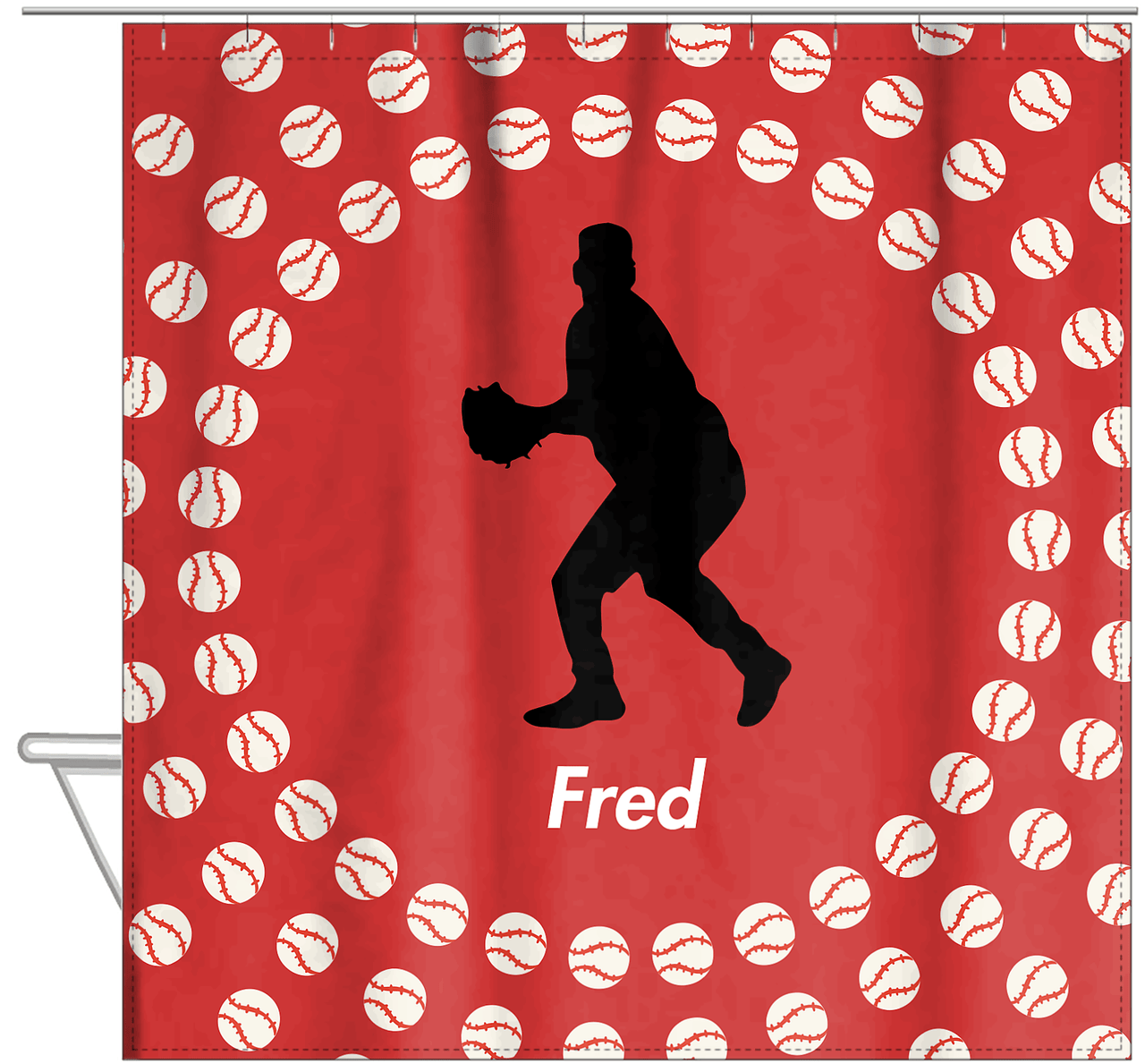 Personalized Baseball Shower Curtain XLII - Red Background - Silhouette V - Hanging View