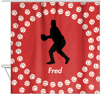 Thumbnail for Personalized Baseball Shower Curtain XLII - Red Background - Silhouette V - Hanging View