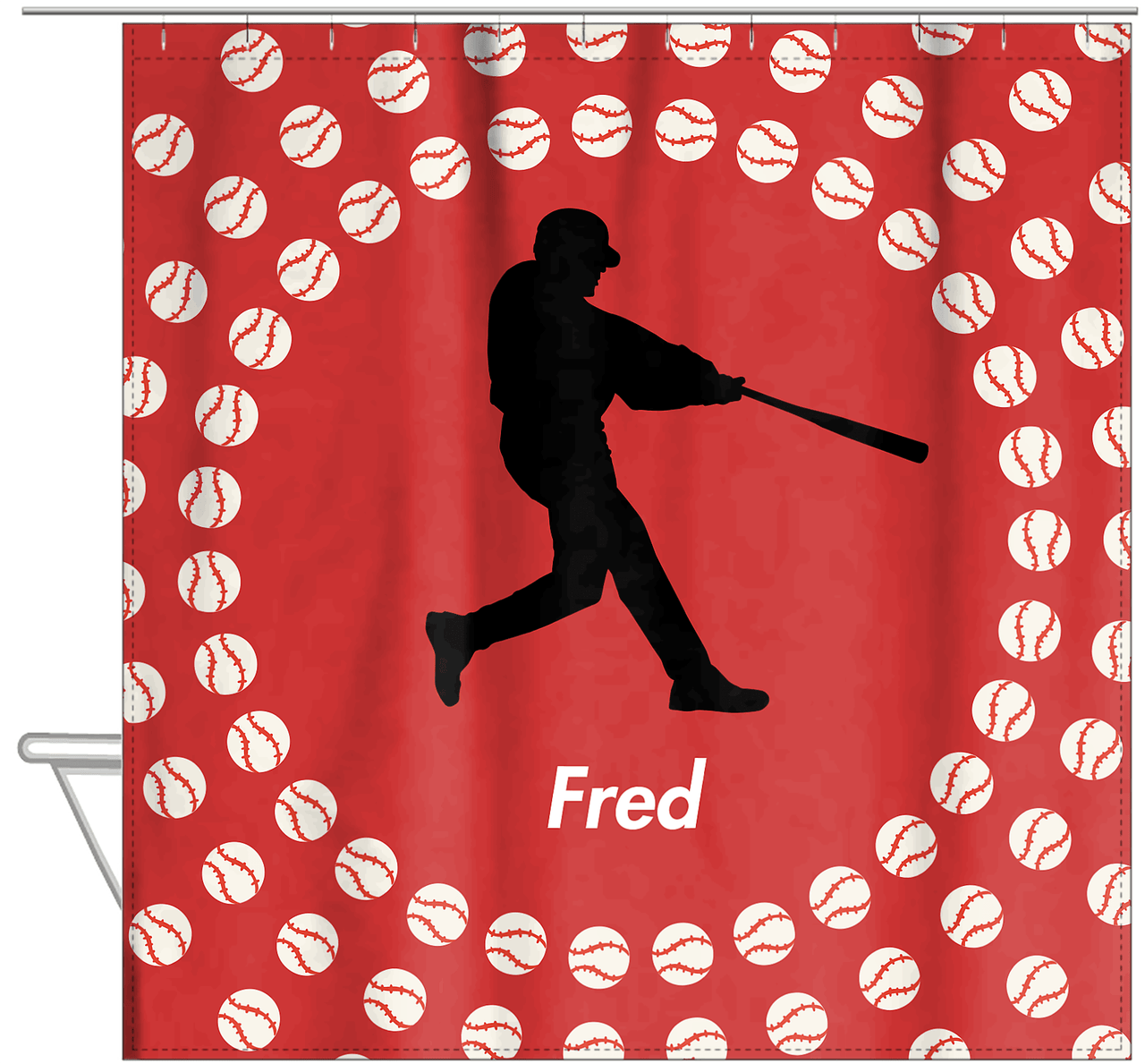 Personalized Baseball Shower Curtain XLII - Red Background - Silhouette VI - Hanging View