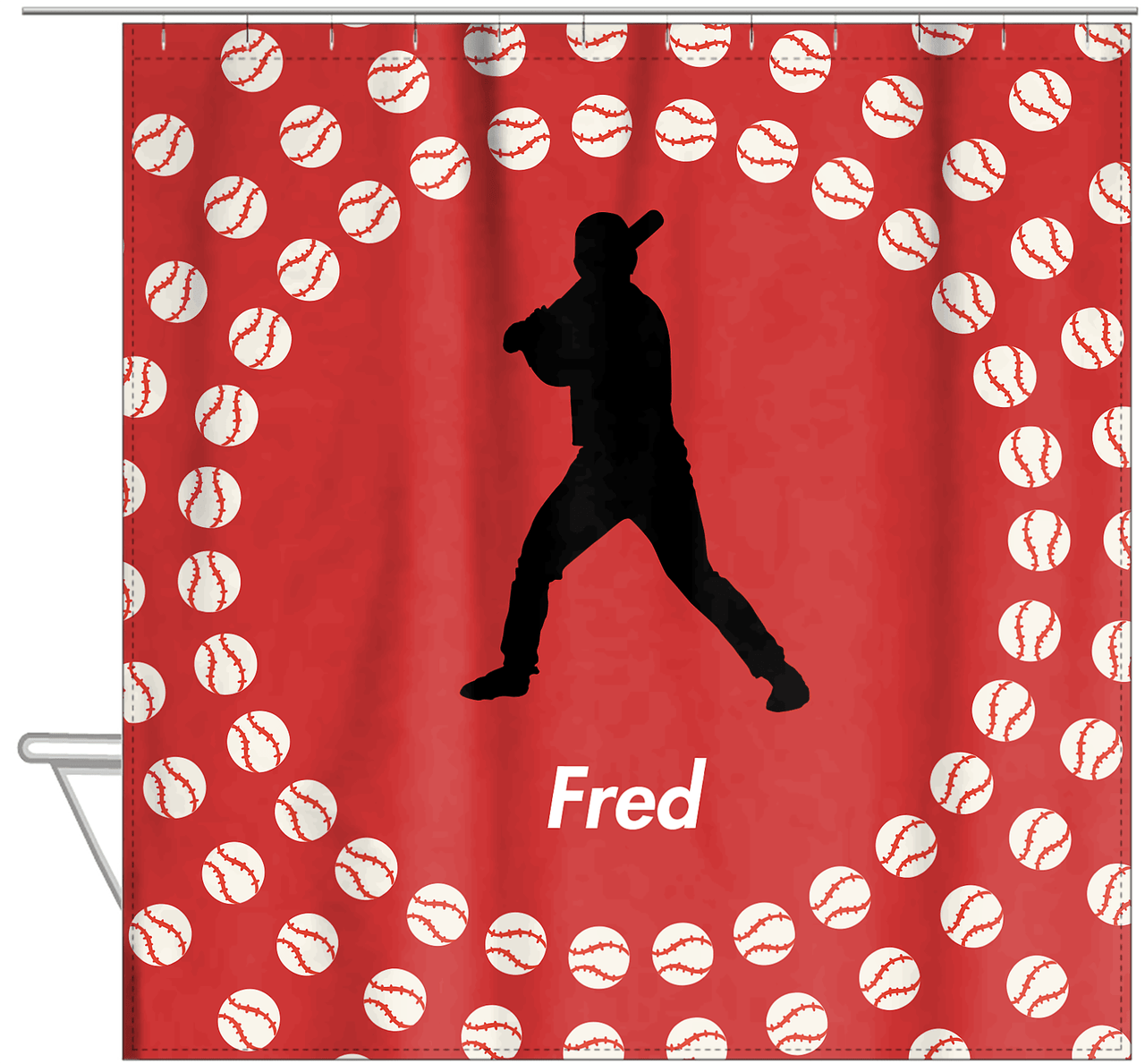 Personalized Baseball Shower Curtain XLII - Red Background - Silhouette VII - Hanging View