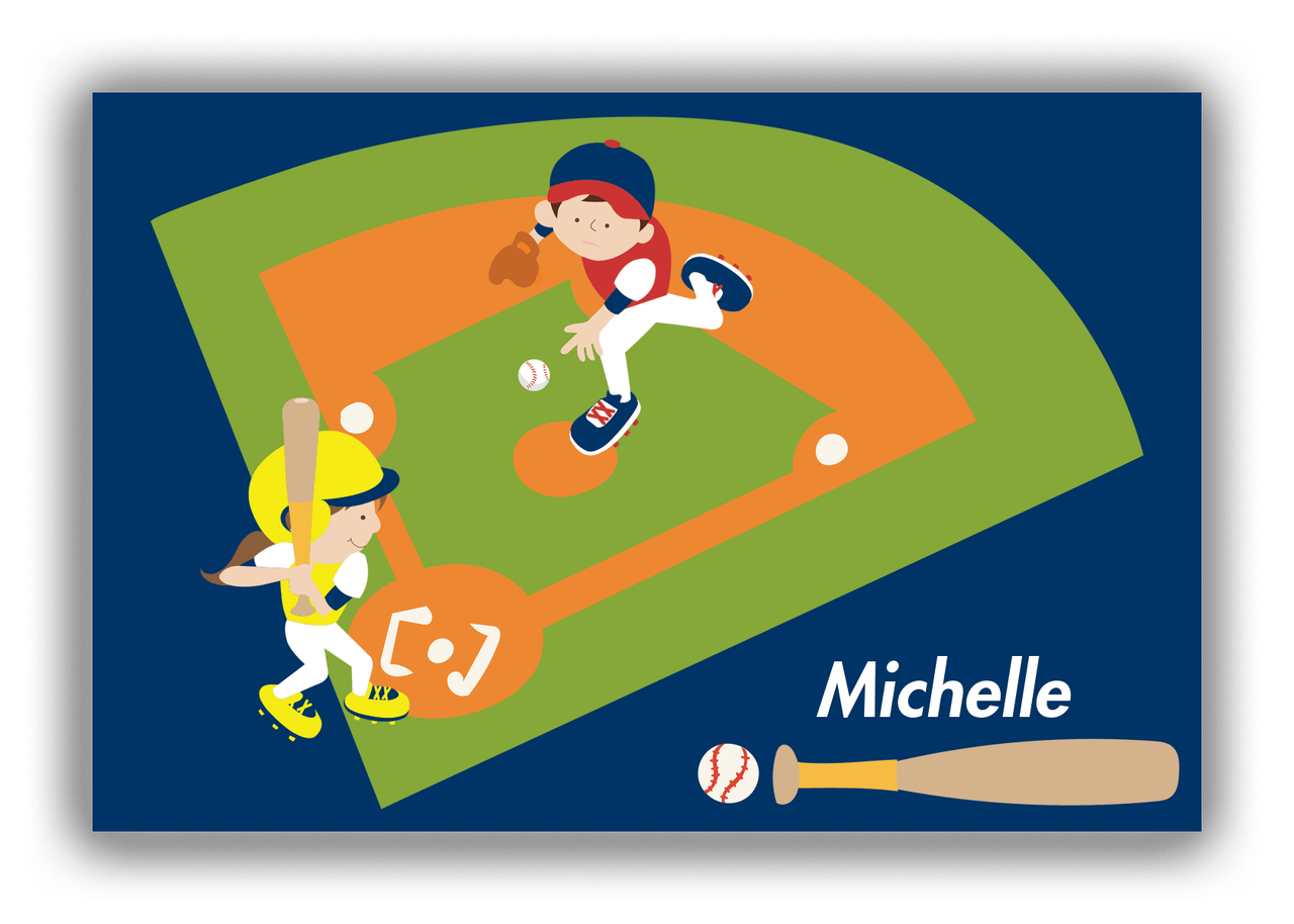 Personalized Baseball Canvas Wrap & Photo Print II - Blue Background - Brunette Girl - Front View