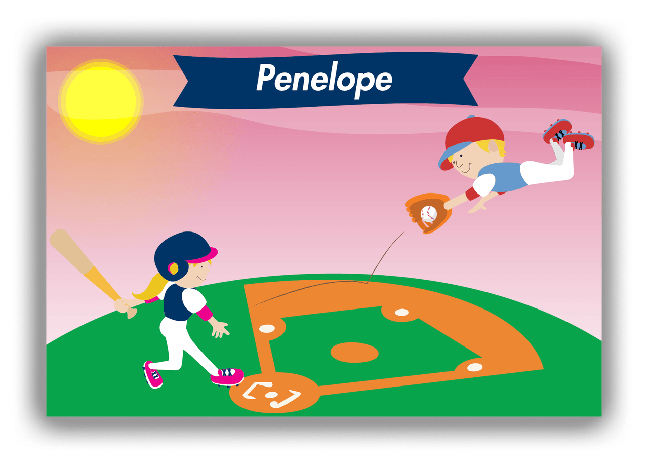 Personalized Baseball Canvas Wrap & Photo Print IV - Pink Background - Blonde Girl - Front View