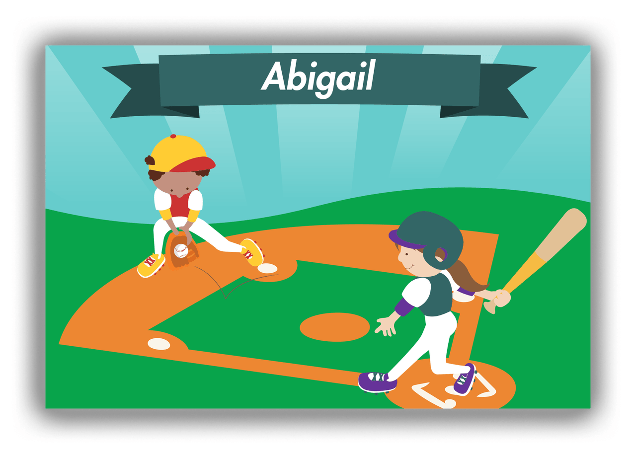 Personalized Baseball Canvas Wrap & Photo Print X - Teal Background - Brunette Girl - Front View