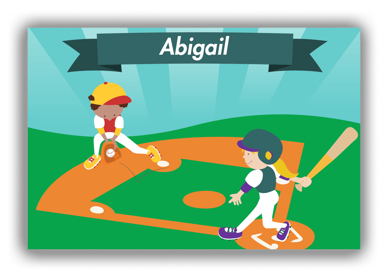 Personalized Baseball Canvas Wrap & Photo Print X - Teal Background - Blonde Girl - Front View
