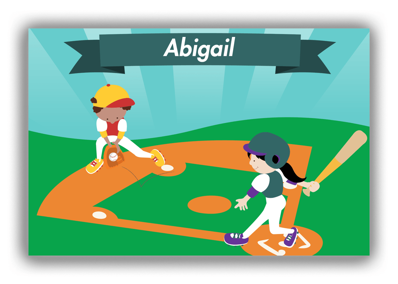 Personalized Baseball Canvas Wrap & Photo Print X - Teal Background - Black Hair Girl - Front View