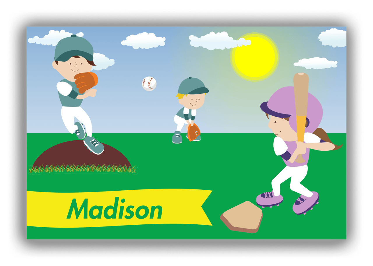 Personalized Baseball Canvas Wrap & Photo Print XII - Blue Background - Brunette Girl - Front View