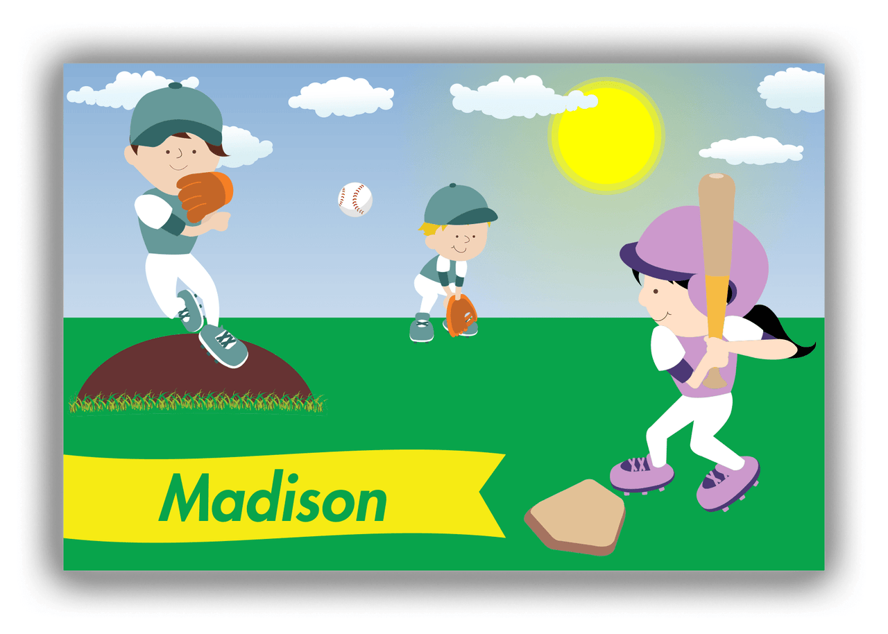 Personalized Baseball Canvas Wrap & Photo Print XII - Blue Background - Black Hair Girl - Front View