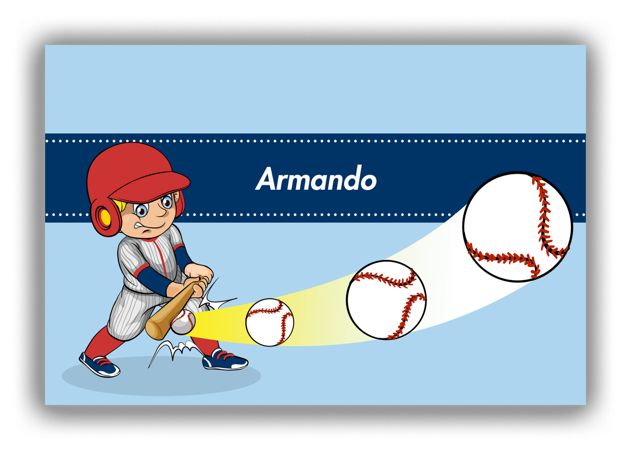 Personalized Baseball Canvas Wrap & Photo Print XXXIV - Blue Background - Blond Boy - Front View
