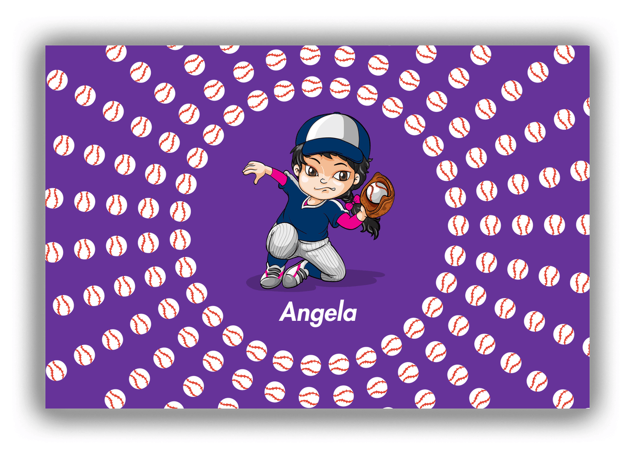 Personalized Baseball Canvas Wrap & Photo Print XXXV - Purple Background - Black Hair Girl - Front View