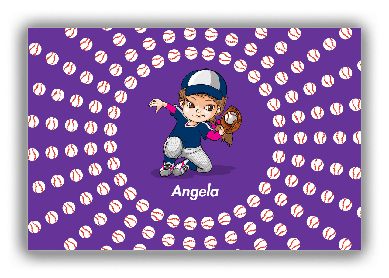 Personalized Baseball Canvas Wrap & Photo Print XXXV - Purple Background - Brunette Girl - Front View