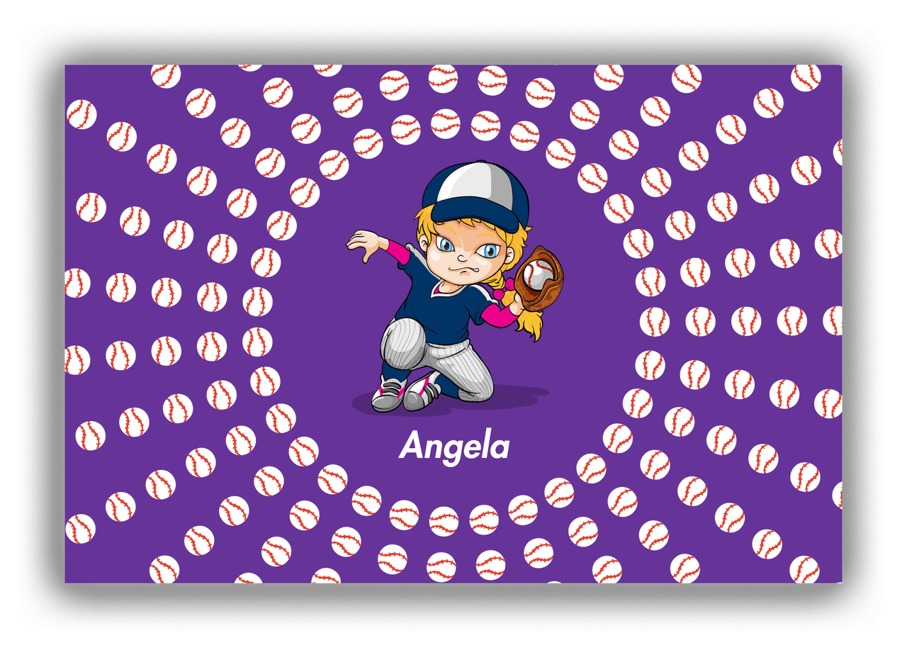 Personalized Baseball Canvas Wrap & Photo Print XXXV - Purple Background - Blonde Girl - Front View
