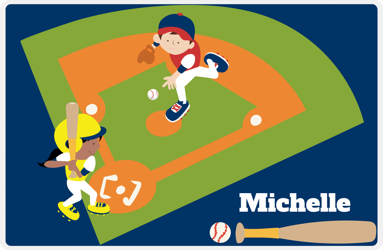 Personalized Baseball Placemat II - Blue Background - Black Girl At Bat -  View