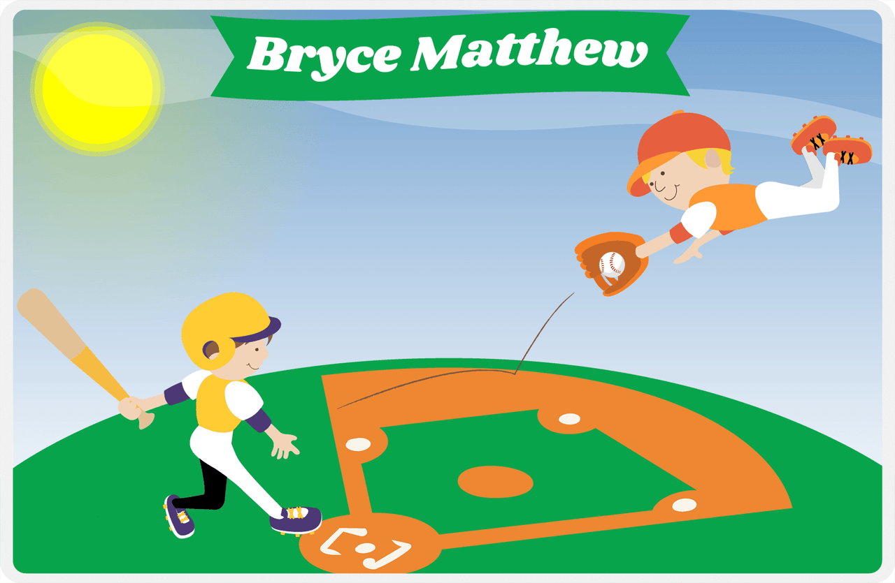 Personalized Baseball Placemat III - Blue Background - Brown Hair Boy At Bat -  View
