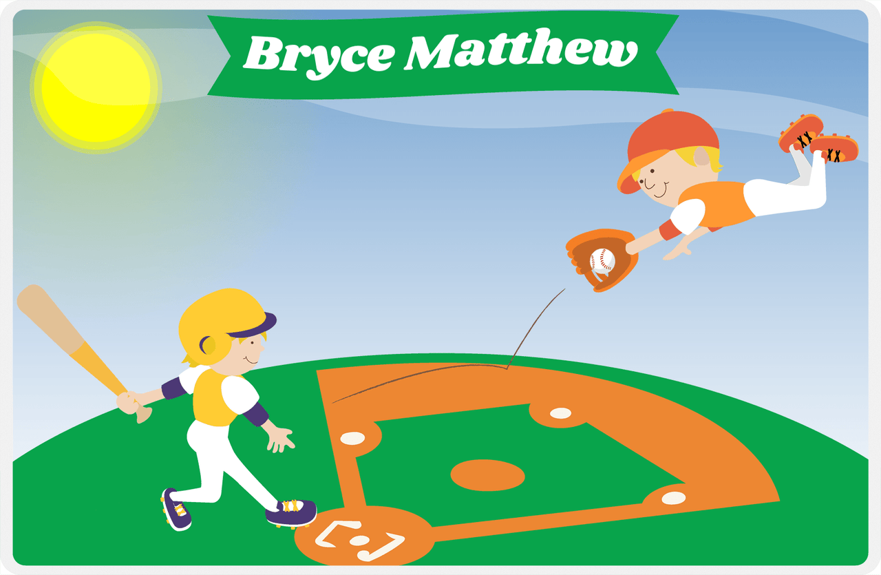 Personalized Baseball Placemat III - Blue Background - Blond Boy At Bat -  View