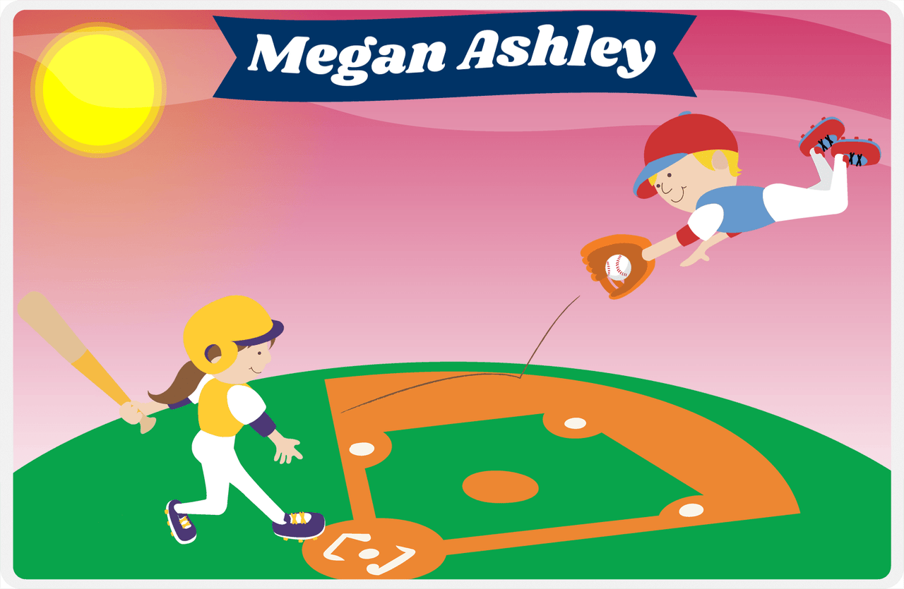 Personalized Baseball Placemat IV - Red Background - Brunette Girl At Bat -  View