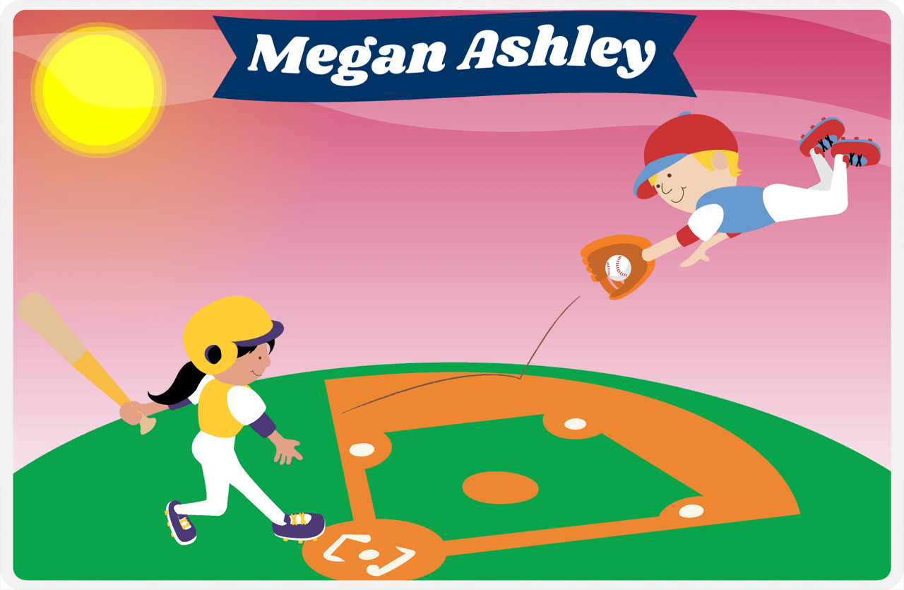 Personalized Baseball Placemat IV - Red Background - Black Hair Girl At Bat II -  View