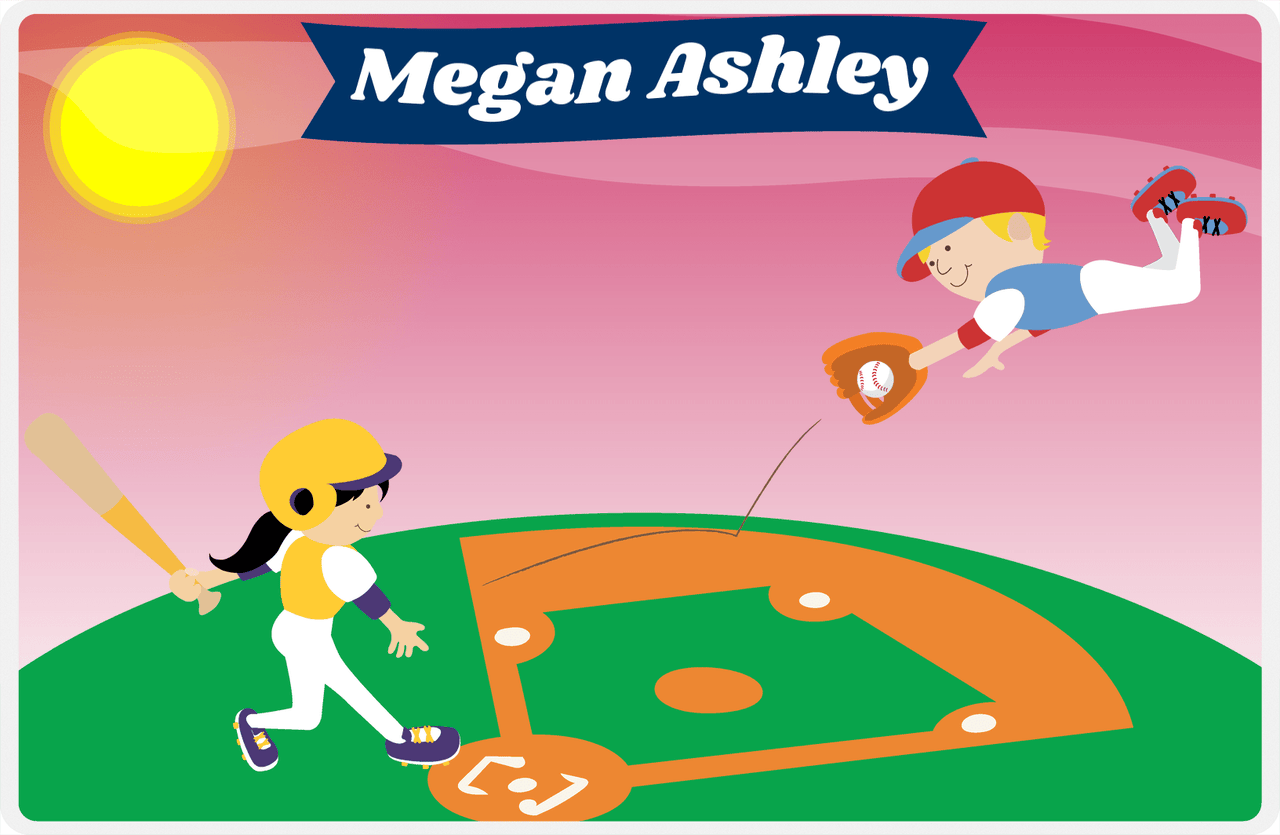 Personalized Baseball Placemat IV - Red Background - Black Hair Girl At Bat III -  View