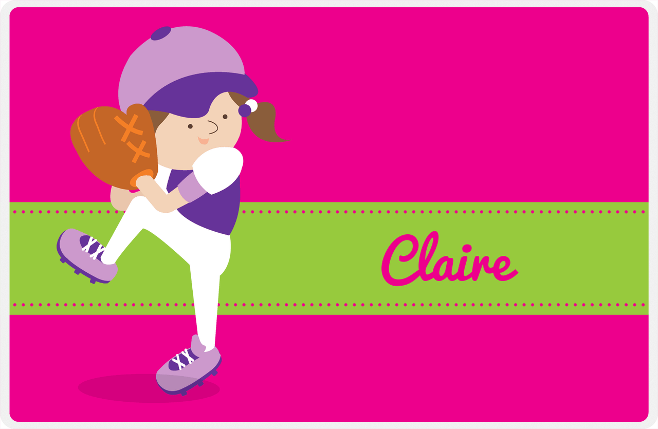Personalized Baseball Placemat XVI - Pink Background - Brunette Girl -  View