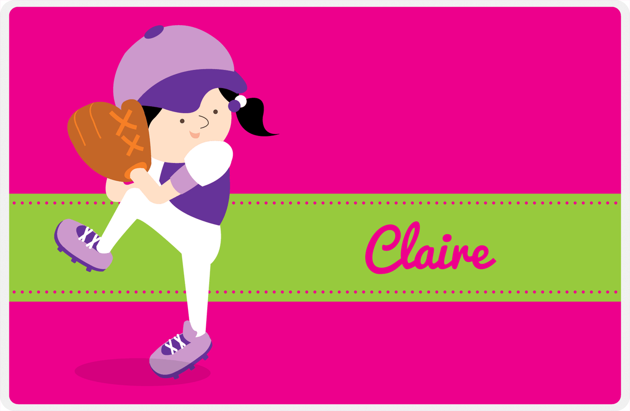 Personalized Baseball Placemat XVI - Pink Background - Black Hair Girl -  View