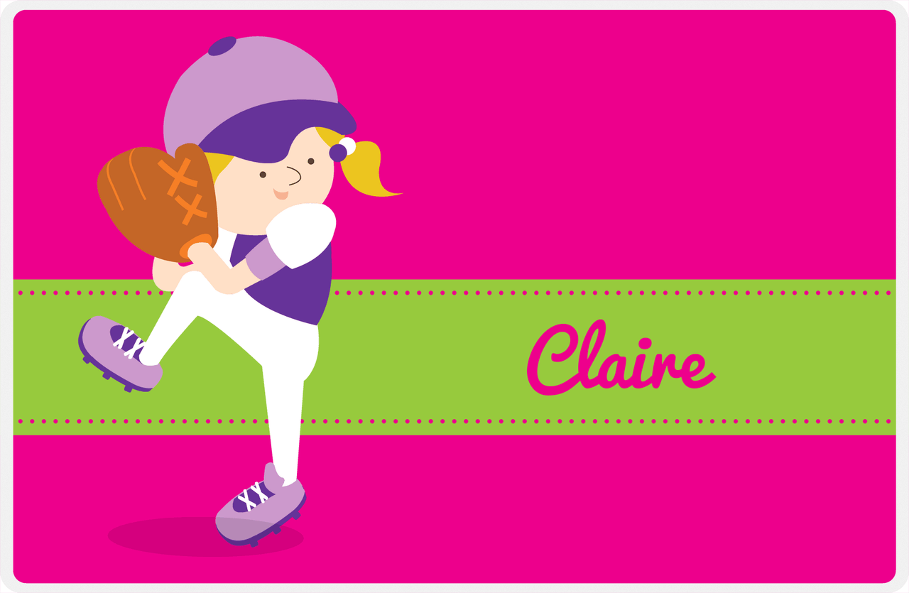 Personalized Baseball Placemat XVI - Pink Background - Blonde Girl -  View