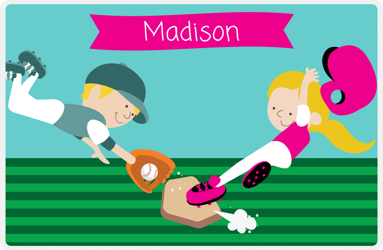 Personalized Baseball Placemat XXI - Teal Background - Blonde Girl -  View