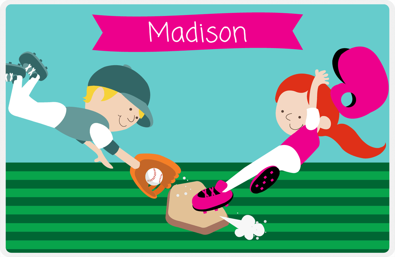 Personalized Baseball Placemat XXI - Teal Background - Redhead Girl -  View