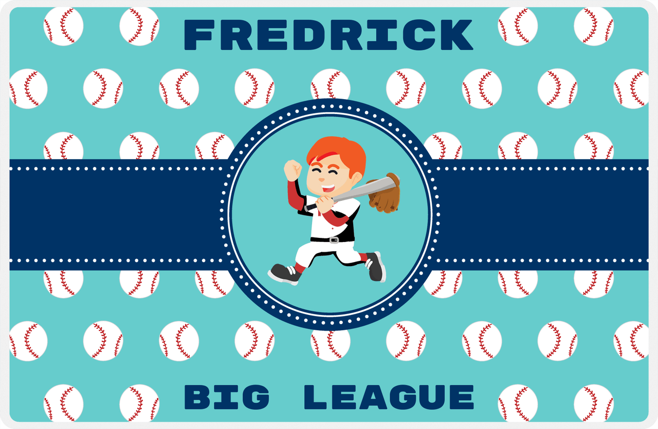 Personalized Baseball Placemat XXVIII - Teal Background - Redhead Boy -  View