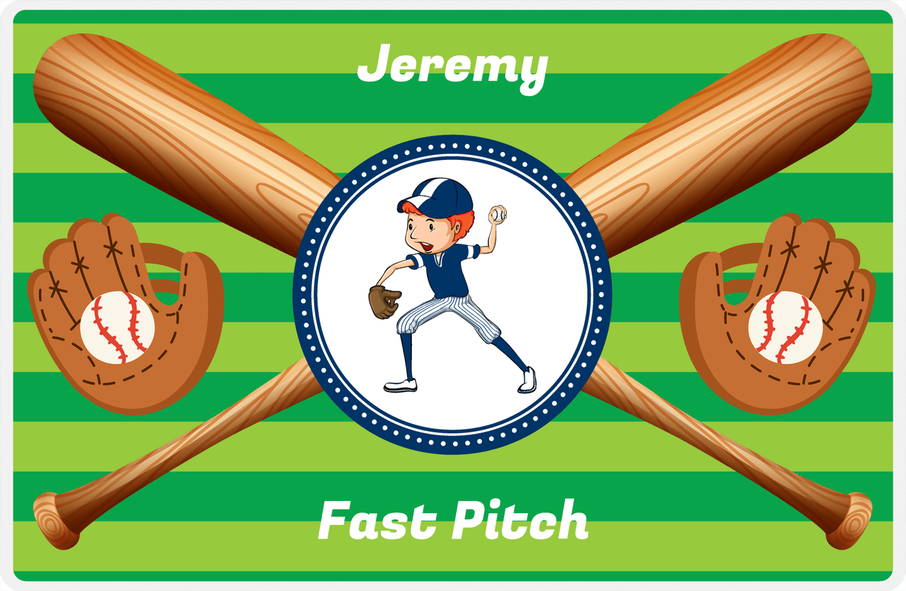 Personalized Baseball Placemat XXXII - Green Background - Redhead Boy -  View