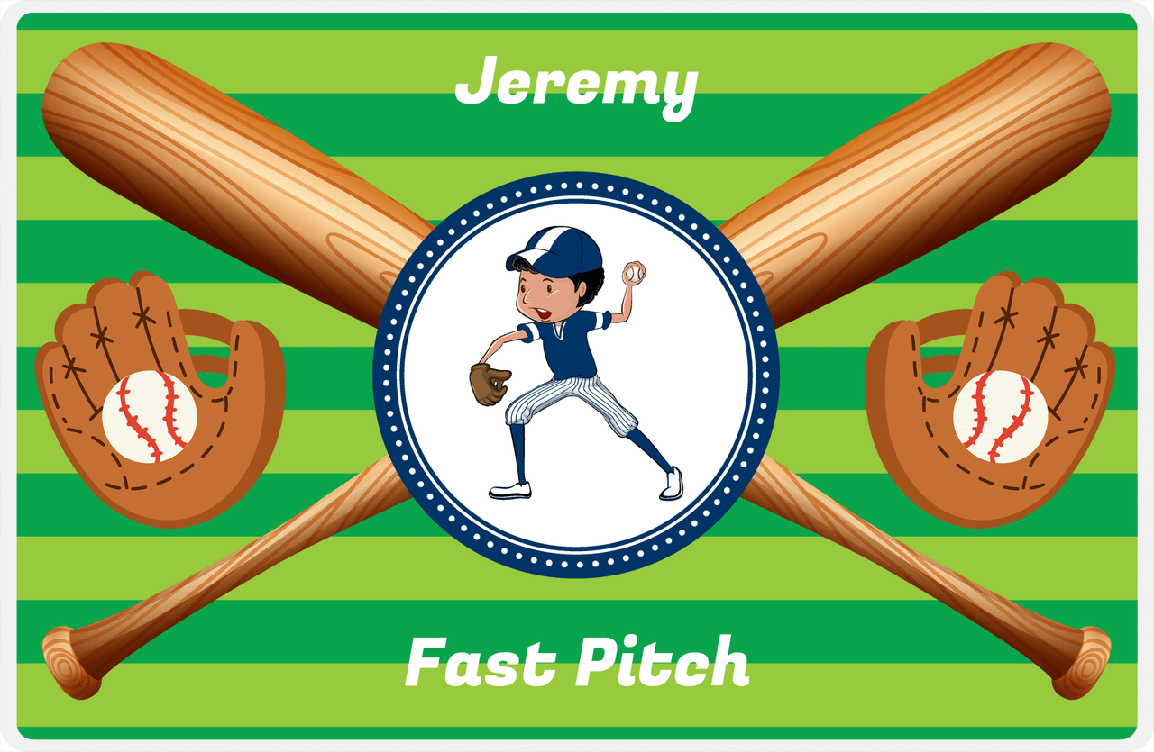 Personalized Baseball Placemat XXXII - Green Background - Black Hair Boy III -  View